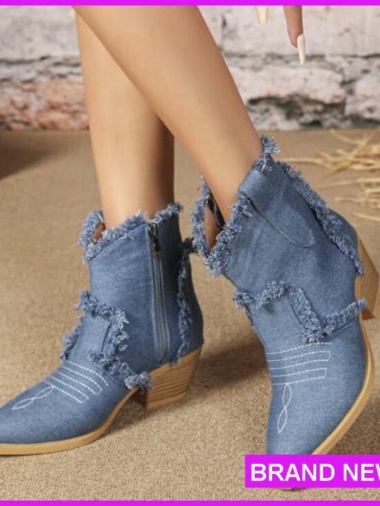 Denim Western Ankle Boots with Embroidery Chunky Heel Pointed Toe Side Zipper - Picture 3 of 7